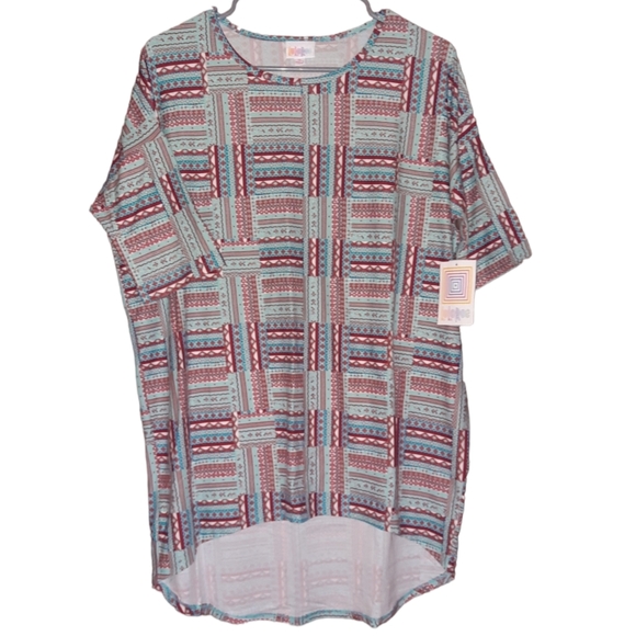 New Lularoe Irma Simply Comfortable Top Hi Low Tunic Shirt Size S Blue Maroon - Picture 3 of 6